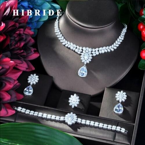 HIBRIDE New Princess Wedding Jewelry Set With Claw Inlay Cubic Zircon High Quality Bridal Necklace Jewelry 4 pcs Set N-33