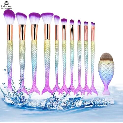 10/11pcs Mermaid Makeup Brushes Foundation Eyeliner Concealer Brushes Fish Tail Cosmetic brochas maquillaje Make up Brushes