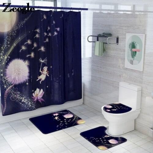 Creative Cartoon Printed Bath Mat and Shower Curtain Set U-Shape Bathroom Bath Mat Set with Polyster Waterproof Shower Curtain