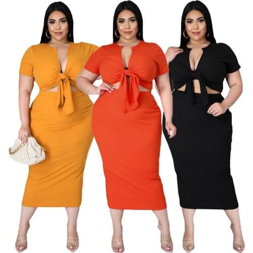 Summer Plus Size L-5XL Sexy Streetwear Womens Set Knot Crop Tops Maxi Skirts Matching Set Tracksuit Two Piece Set Outfits