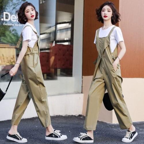 Summer Bib Suit Womens 2021 New Temperament T Shirt Jumpsuit Two-piece Loose Nine-point Straight Pants Black Khaki Trend aq936