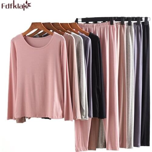 Modal o-neck pajamas women spring autumn pyjamas women casual long-sleeve trousers breathable home suit elasticity sleepwear set