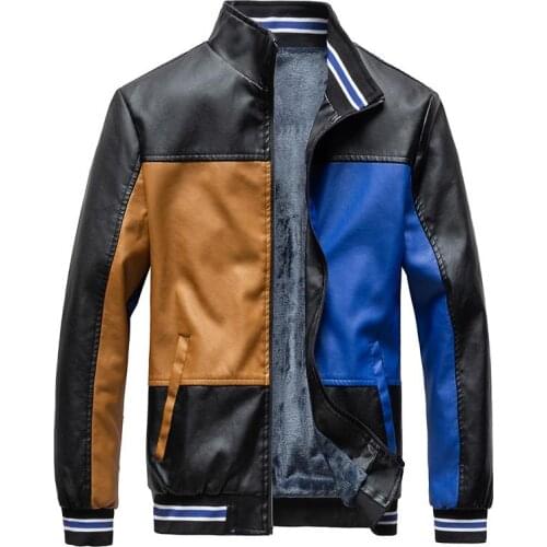 Mcikkny Mens Pu Leather Baseball Jackets Fleece Lined Warm Outwear Coats For Male Block Color Patchwork