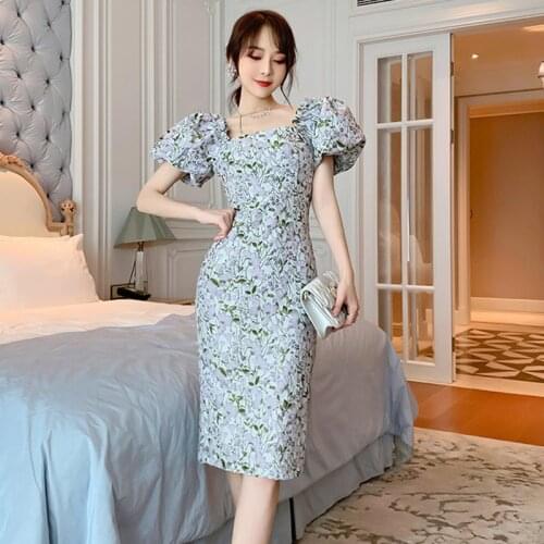 New Fashion Summer Vintage Puff Sleeve Midi Party Dress Ladies Elegant Square Collar Jacquard Floral Skinny Bodycon Pencil Dress