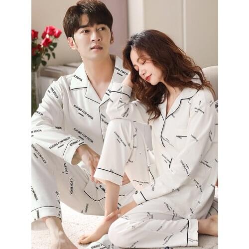 Autumn Winter Cotton Matching Couple Pajamas Men Sleepwear Women Homewear Bedroom White Letter Pyjama Homme PJ Couple Pyjama Set