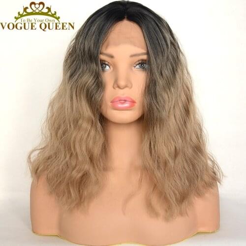 Vogue Queen Dark Ash Blonde With Black Root Synthetic Lace Front Wig Loose Curly Bob Wig Heat Resistant Fiber For Women