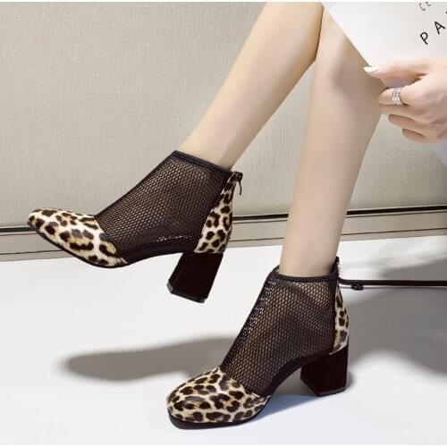 Summer Leopard Sandals Women Mesh High Heels Breathable Shoes Lace Woman Pumps Womens Platform Sandals Fashion Ladies High Heel
