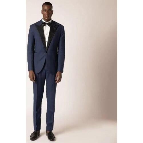 Navy Blue Slim Fit Wedding Tuxedos One Button Sequin Peaked Lapel Mens Suit Two Pieces Mans Blazer