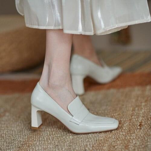 Spring Autumn Fashion Square Toe Thick Heel High Heel Pumps French Girl Mid-mouth Retro Simple Single Shoes Ladies Dress Shoes