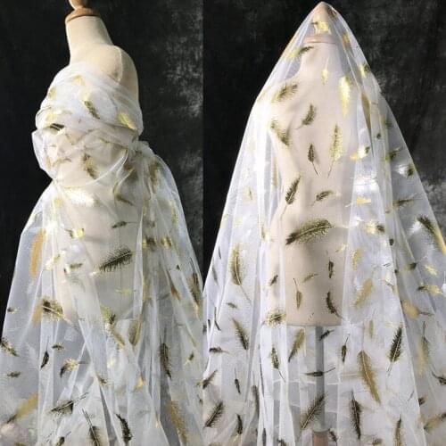 Print Glitter Feather white tulle lace Illusion soft light mesh lace fabric for DIY Sewing Garment Wedding Dress Veil Cosplay