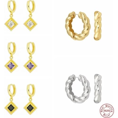 Aide 925 Sterling Silver Twisted Hoop Earrings For Women Square Purple Black White Zircon Pendant Circle Huggie Earrings Jewelry