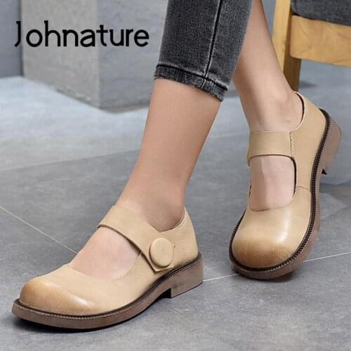 Johnature 2021 New Pumps Women Shoes Genuine Leather Hook & Loop Spring/Autumn Handmade Concise Retro Shallow Ladies Shoes