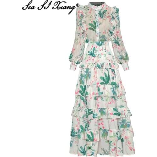 Seasixiang Fashion Designer Autumn Suit Women Single Breasted Lantern Sleeve Top+Ruffles Long Skirt Floral Print Two Pieces Set