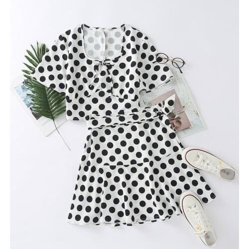 Two-piece Womens Summer New Retro Polka Dot Printed Square Collar Tie Pullover + High Waist Ruffled Skirt 2 piece set women