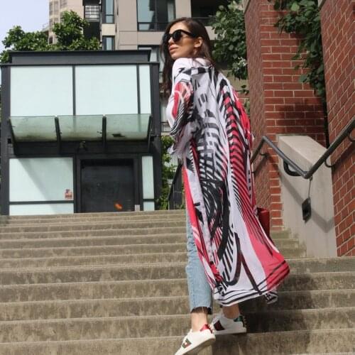 Women Summer Boho Trench Chiffon Coat Shawl Kimono Cardigan Printed Beach Cover-Up Long Open Stitch