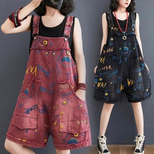 Women Bodysuit Denim Overalls Rompers Girls Printed Pants Jeans M-XXL Womens Summer Sleeveless Wide Leg Jumpsuit