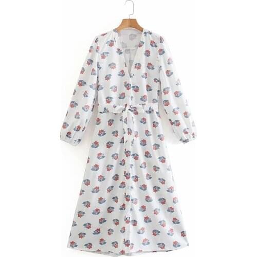 Women Sweet Dress Za Fashion 2021 Poplin Flower Printed Midi Dress Female Spring Ladies Long Sleeve Casual Mujer Vestidos