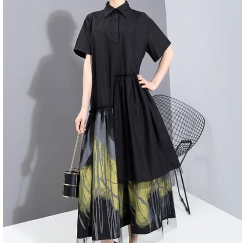 New Women Painted Style Designer Vintage Black Long Shirt Dresses Lady Retro Print Mesh Casual Dress Robe