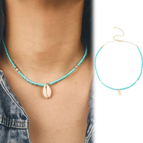 Bohemian Green Beaded Choker Necklace Seashell Necklace Clavicle Pendant Natural Sea Shell Cowrie Beads Women Beach Jewelry