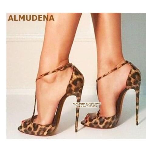 ALMUDENA Rose Black Leopard Color Patchwork High Heel Sandals New T-bar Buckle Strap Open Toe Stiletto Heel Wedding Shoes Pumps