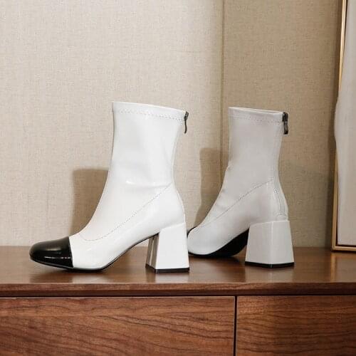 High-heeled Short Boots Womens Mid-tube Boots Autumn Winter Elastic Boots Woman Back Zipper Color Matching Boots Ladies Shoes