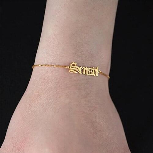Personalized Custom Name Bracelet Stainless Steel Gothic Bracelets Rose Gold Box Chain Bangle Jewelry Gift For Women Girl