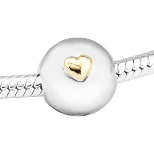 DIY Fits for Pandora Beads Bracelets Insignia Heart Clip Charms with 14K Real Gold 100% 925 Sterling-Silver-Jewelry Free Ship