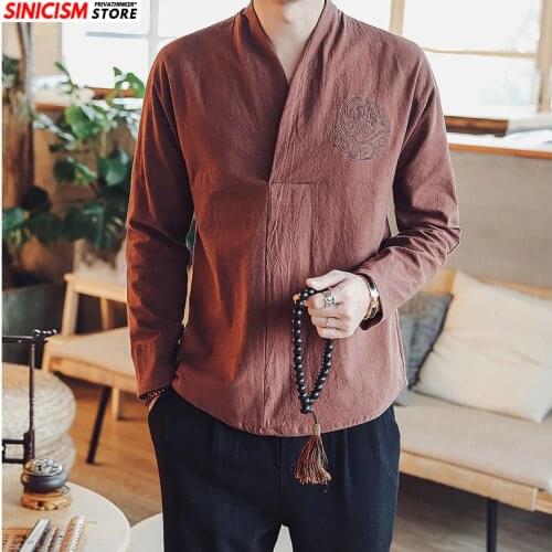 Sinicism Store 2020 Mens Cotton Linen Embroidery Long Sleeve Tshirts Men Oversize 3 Colors T-shirts Male Autumn Casual Tshirt