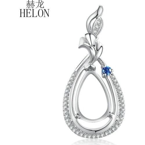 HELON Real Natural Diamond Sapphires Solid 14K White Gold Engagement Fine Gift Semi Mount Pendant Setting Pear Cut 11x7mm