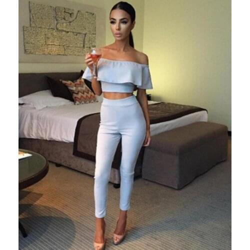 Fashion Two Piece Women Sets Sexy Slash Neck Crop Ruffle Tops And Long Pants Set Autumn Short Sleeve Two Pieces Feminino