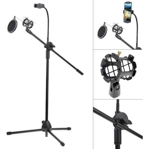 Multifunction Live Broadcast Gooseneck Cell Phone Holder Bracket Tripod with Microphone Stand/Pop Filter for Selfie Studio Vlog