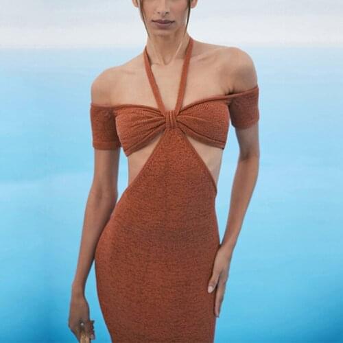 Fashion Cut Out Summer Halter Midi Dress Women Elegant Short Sleeve Backless Long Dresses Sexy Lady Holiday Beachwear Clothes
