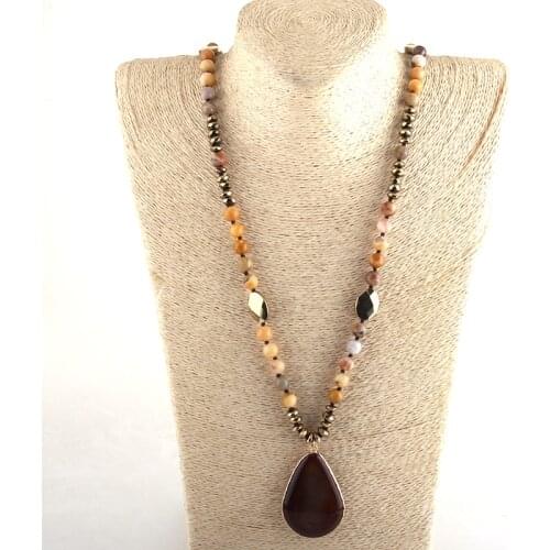 RH Fashion Bohemian Tribal Jewelry Crystal / Agt Stone Long Knotted Dorp Stone Pendant Necklaces For Women Jewelry