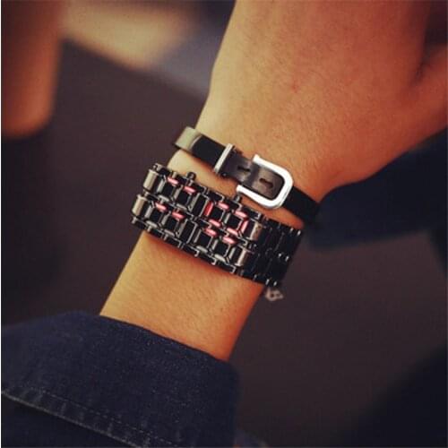 Fashion Led Watches Men Women Lava Iron Samurai Metal LED Faceless Bracelet Watch Wristwatch Full steel Fire Digital Watches