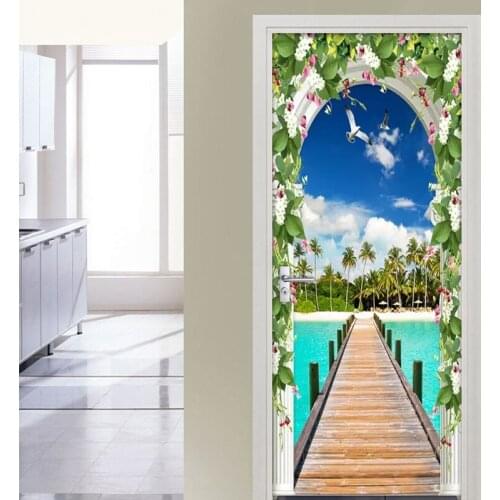Seascape Wooden Bridge Arch 3D PVC Self-adhesive Door Sticker Photo Wallpaper Mural Living Room Bedroom Door Decoration Stickers