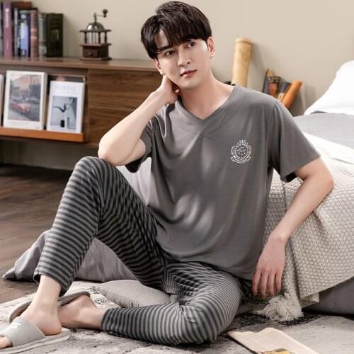 Plus Size Short Sleeve Long Pants Modal Pajama Sets for Men Korean Summer Casual Striped Sleepwear Suit Pyjamas Homewear Clothes