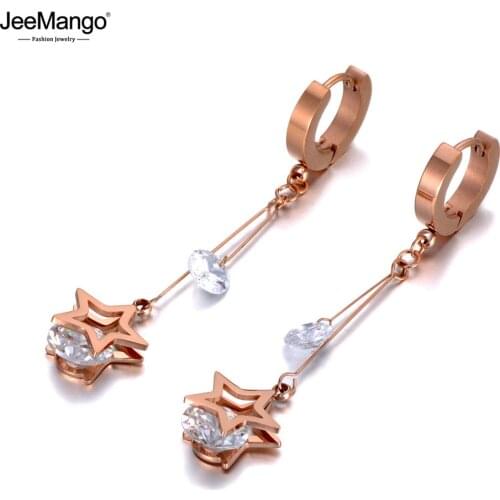 JeeMango Titanium Stainless Steel CZ Crystal Star Tassel Earrings Jewelry Sparkling Rose Gold Hoop Earrings For Women JE20009