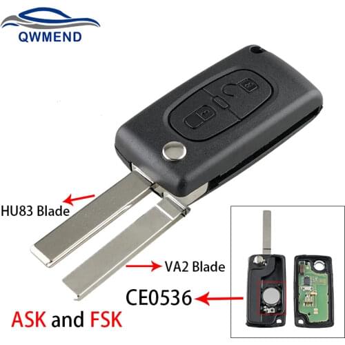 BHKEY 2 Buttons CE0536 Flip Smart Car Key for Peugeot 107 207 307 307S 308 407 607 Car Remote Key FSK or ASK