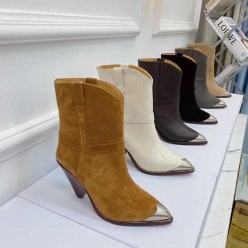 New Pointed Toe Women Boots Ankle Boots For Woman Fashion Women Shoes Metal Decor High Heels Slip-On Shoes Woman Genuine Leather