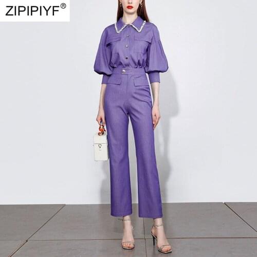 2021 Summer Runway Fashion Ruffles Short Lantern Sleeve Single-Breasted Blouse High Waist Flare Long Pants Women Suits Z241