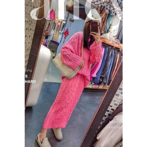 2020 New design womens thickening warm coarse wool knitted o-neck sweater and maxi long loose skirt twinset dress suit