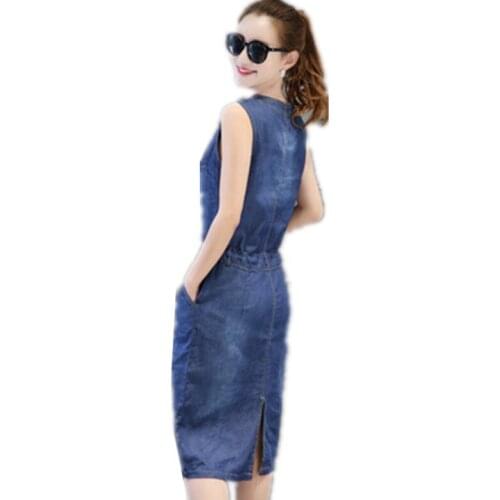 2021 Summer New Sleeveless Vest Denim Dress V-neck Large size Mid-length Slim Waist slimming Dress A371