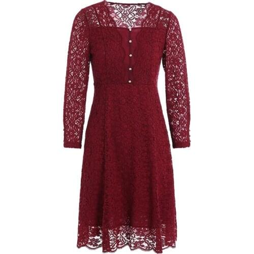 Gowani Women 's Elegant Vintage V-neck A-line Lace Dress Ladies Autumn High Quality Mid Dresses for Party