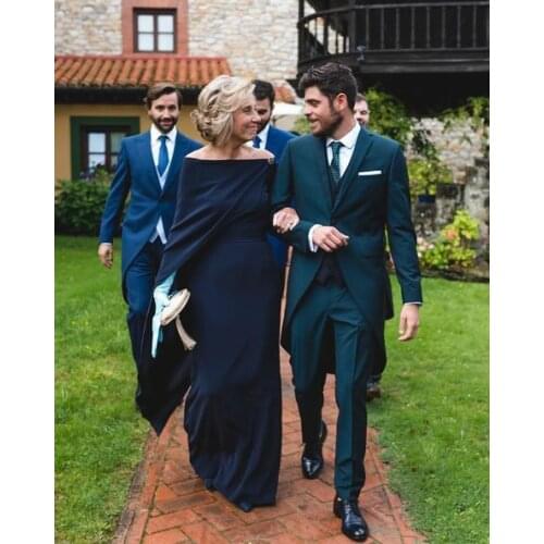 Retro Long Boat Neck Navy Blue Mother of Bride Dresses Floor Length Zipper Back Stretchy Abendkleider Robes de Soirée for Women