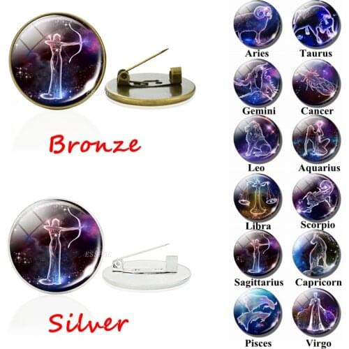 Zodiac Glass Badge Silver/bronze Color 12 Constellation Brooch Pin Birthday Gift Men and Women Birthday Souvenir Accessories