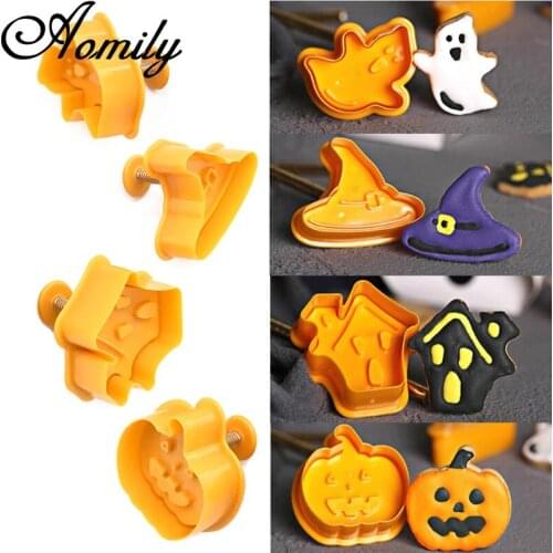 Aomily 4pcs/Set Halloween Series Plunger Mold Cake Decorating Tool Biscuit Cookie Cutters Cupcake Mould Fondant Pastry Cutters