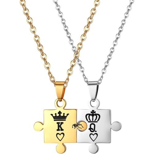 BONISKISS 2021 New Arrival Puzzle Piece Necklace Crown Letters K & Q Stainless Steel Couple Necklaces King & Queen Dropshipping