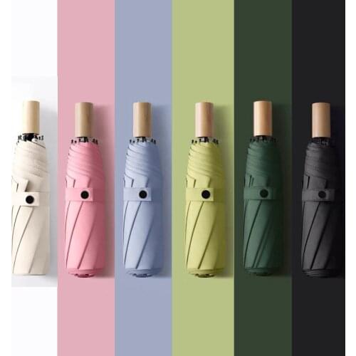 Wooden handle parasol automatic three fold umbrella folding umbrella umbrella uv umbrella