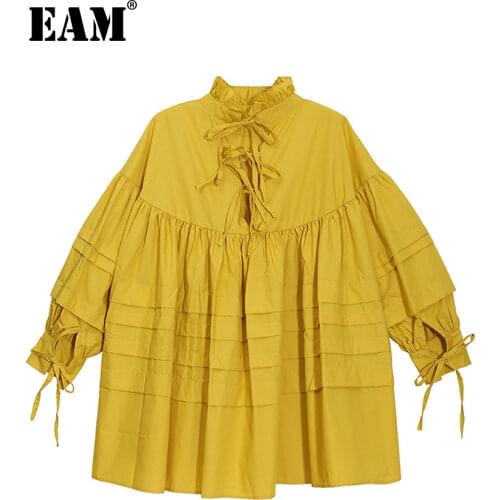 [EAM] Women Yellow Pleated Oversized Blouse New Stand Collar Long Sleeve Loose Fit Shirt Fashion Tide Spring Autumn 2021 1DE0993