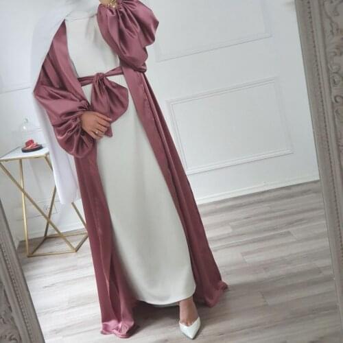 Eid Open Abaya Dubai Turkey Satin Abayas for Women Muslim Hijab Dress Bubble Sleeve Kimono Kaftan African Dresses Islam Clothing